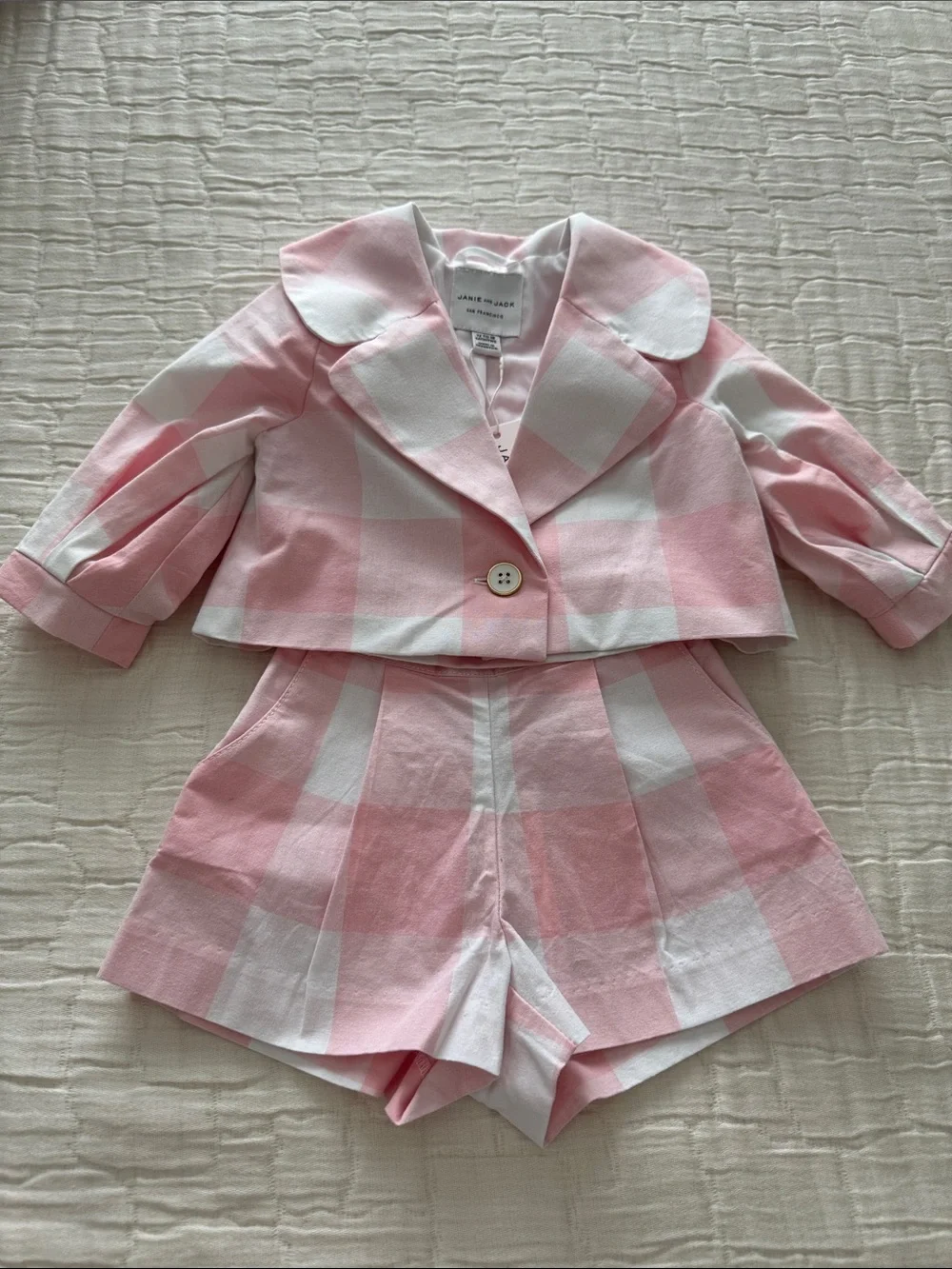 Janie & Jack NWT 2 Pc Gingham Jacket & Shorts - Pink/White, Size  12-18 months